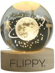 Lampa LED Decorativa Flippy cu Bila de Cristal cu Diametru 6cm Model Cer Instelat 3D Alimentare USB Suport din Lemn Lumina Alb Cald 