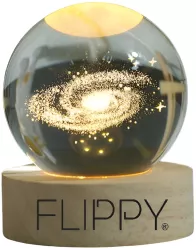 Lampa LED Decorativa Flippy cu Bila de Cristal cu Diametru 6cm Model Galaxie 3D Alimentare USB Suport din Lemn Lumina Alb Cald 