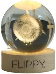 Lampa LED Decorativa Flippy cu Bila de Cristal cu Diametru 6cm Model Papadie 3D Alimentare USB Suport din Lemn Lumina Alb Cald 