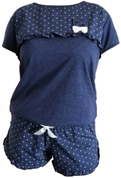 Pijama dama Sensis Mirela de vara scurta model cu inimioare bumbac albastru inchis melange cu alb L 