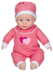 Papusa bebelus fetita cu caciulita si costum roz corp moale inaltime 35 cm 3 ani+ 