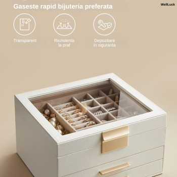 Cutie de Bijuterii din Piele Ecologica Alba WellLuck Eleganta Design Rafinat si Simplu Organizator cu 3 Nivele 2 Sertare Spatiu de Dep