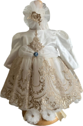Set rochita botez printesa brodata 3 piese bentita si botosei Bumbac satinat Alb/Crem 0-3 luni 50-62 cm 