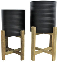 Set jardiniere metal ondulat picioare lemn 