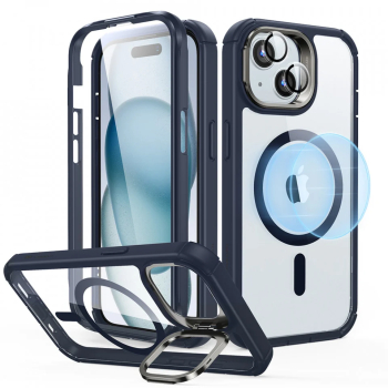 Husa pentru iPhone 15 Plus + Folie - ESR Armor Tough Kickstand HaloLock - Clear Dark Blue 