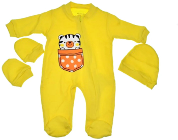 Set 3 piese salopeta cu maneca lunga caciula si manusi Mini Junior SBMJ-2 Galben 