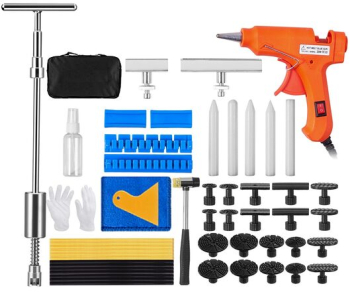 Kit pentru reparatie caroserie fara vopsire 52 elemente pistol silicon 