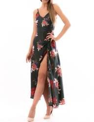 Rochie dama Mara cu bretele subtiri lunga imprimeu floral verde inchis L 