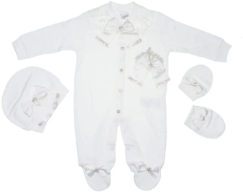 Set 3 piese salopeta cu maneca lunga caciula si manusi Mini Junior SBMJ-13 Alb 