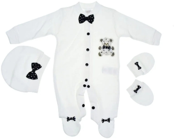 Set 3 piese salopeta cu maneca lunga caciula si manusi Mini Junior SBMJ-14 Alb 