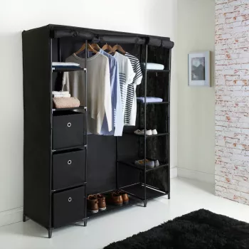 Dulap XXL pentru haine din material textil si schelet metalic 12 rafturi 11 + 1 spatiu pentru umerase haine culoare Neagra 