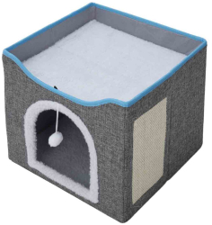 Casa pentu pisici cu loc de joaca pliabila moale si pufoasa dimensiuni 41x41x35cm Gri Inchis ABYZ&trade 