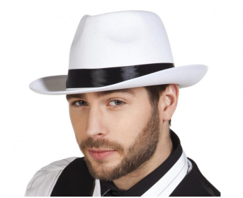 Palarie de gangster alba din fetru cu banda neagra 