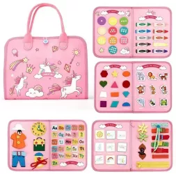 Carte Senzoriala Educativa Montessori Flippy Dezvoltare Abilitati Motorii 5 Pagini Model Unicorni 28x22x7 cm Roz 