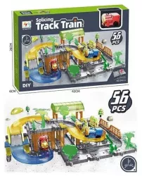 Set asamblare circuit cu locomotiva electrica statie si pod 56 piese 