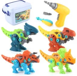 Set de Constructie Flippy 4 Dinozauri cu Bormasina de Jucarie Surubelnita si Cutie Depozitare 22 cm Multicolor 