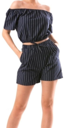 Compleu dama Ary de vara cu umerii goi model in dungi bumbac L bleumarin cu alb
