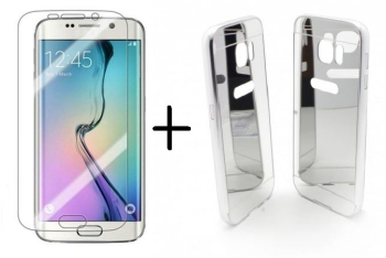 Pachet husa Elegance Luxury pentru Samsung Galasy S6 Egde TIP OGLINDA ARGINTIE SILVER cu folie de protectie gratis 