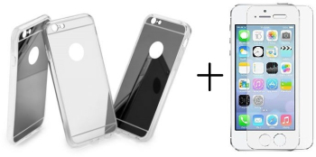 Pachet husa Elegance Luxury Tip Oglinda Silver pentru Apple Iphone 5 / Apple iPhone 5S / Apple iPhone 5SE cu folie de sticla gratis 