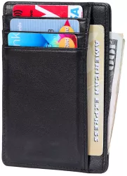 Portofel port card ZEEVOS ultra slim compartiment pentru bancnote si carduri piele protectie RFID unisex negru 