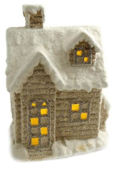 Decoratiune iarna ceramica casa cu ferestre luminate alb si bej LED 3xAAA 25x18x36 cm 
