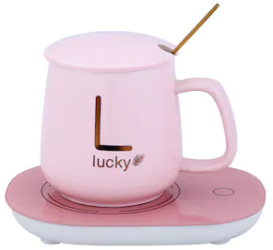 Set cana ceramica cu incalzire scris auriu Lucky 350 ml roz 