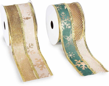 Set 4 panglici Craciun textil natur auriu verde 63 mm x 10 m 