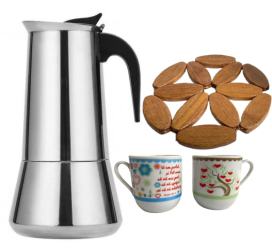 Espressor de cafea pentru aragaz cu 2 cani si suport lemn inox 600ml 