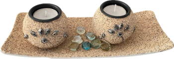 Suport lumanari pietricele si tava inclusa crem 26x10 cm