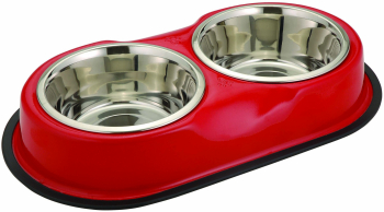 Bol dublu pentru hrana animale cu suport gumat inox diametru bol 11 cm rosu 