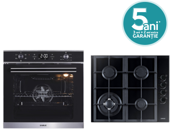 Pachet incorporabil Samus Cuptor SC625GDX5 Clasa A 75L 2000W Display digital + Plita PSG-64SG4 4 arzatoare pe gaz 58 cm Sticla neagra 