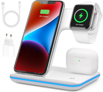Incarcator Wireless 3 in 1 BIRAI Fast Charger 15W pentru Telefon Casti Smartwatch Compatibil iPhone Apple Watch Samsung Android Alb 