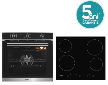 Pachet incorporabil Samus Cuptor SC628GX9 Clasa A 2800W 75L Grill 9 functii + Plita vitroceramica Samus PSVE-64BG3 4 arzatoare 60 cm Negru 