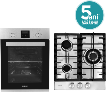 Pachet incorporabil Samus Cuptor SCE458GTXV Clasa A 1900W 47L 6 functii Grill + Plita incorporabila Samus PSG-43SX1 3 arzatoare pe gaz 45 cm 