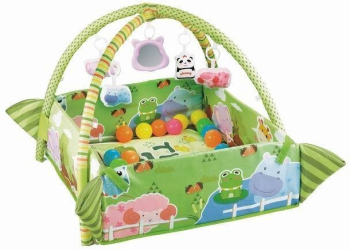 Covoras multifunctional MalPlay pentru bebelusi cu 30 de bile colorate oglinda si 4 pandantive in forma de animalute Verde 