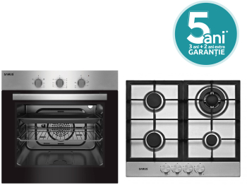 Pachet incorporabil Samus Cuptor SC616GTXV Clasa A 2200W 56L 5 functii + Plita incorporabila Samus PSG-64SX2 4 arzatoare pe gaz Inox 