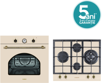 Pachet incorporabil Samus Cuptor SC620VTV Clasa A 2200W 56L 7 functii + Plita incorporabila Samus PSG-64VG1 4 arzatoare pe gaz 58 cm Bej