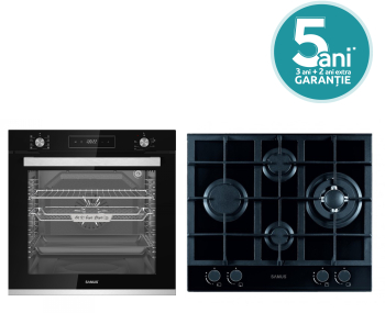 Pachet incorporabil Samus Cuptor SCE828GCF3D Clasa A 2500W 80L 8 functii + Plita incorporabila Samus PSG-64SG2 4 arzatoare pe gaz Negru 