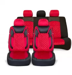 Set huse scaune auto universale piele ecologica neagra cu material textil rosu fata-spate 