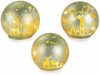 Set 3 sfere decorative Craciun sticla verde aurie cu led 9.5x9 cm 