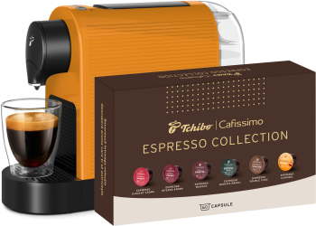 Espressor Tchibo Cafissimo Pure Plus 1250W 800 ml 15 bari Portocaliu Mango + 60 capsule Espresso Collection 