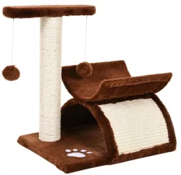 Ansamblu de joaca pentru pisici cu platforma culcus si ciucuri maro si bej 40x30x43 cm 
