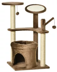 Ansamblu de joaca pentru pisici cu platforme culcus si ciucuri maro si bej 48x48x87 cm 