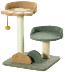 Ansamblu de joaca pentru pisici cu platforme si ciucure verde maro si bej 43x39x52 cm 