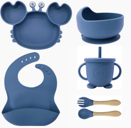Set de 6 piese pentru hranire bebelusi vesela din silicon fara BPA baveta farfurie in forma de crab bol lingurita si furculita 
