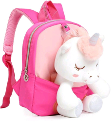 Ghiozdan gradinita roz aprins cu design si papusa unicorn 