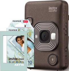 Aparat foto instant hibrid Fujifilm Instax mini LiPlay Deep Bronze cu hartie 1x10 si rama magnetica Akyta 