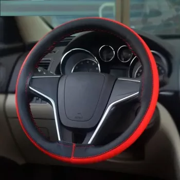 Husa volan din PIELE NATURALA NEAGRA CU DUNGA ROSIE pentru autoturisme diametru 37 - 39 cm cu ac si ata se coase aspect ORIGINAL 