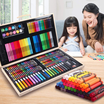 Set 180 piese pentru desen pentru copii sau adulti creioane colorate vopsele si markere cu geanta de transport din LEMN MASIV model 