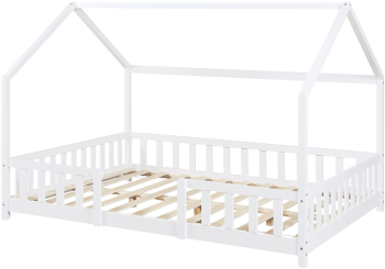 Set Pat Copii Sisimiut tip Casuta cu Saltea Inclusa si Protectie Impotriva Caderilor Dimensiuni 140x200 cm Lemn de Brad Culoare Alb